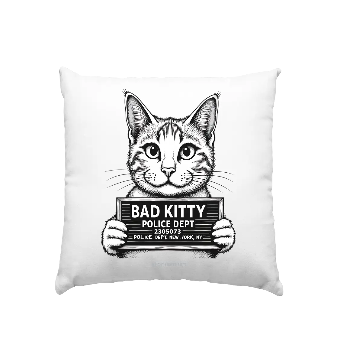 Bad Kitty – Lustiges Katzen Mugshot Shirt im Comic-Stil - Kissen 40x40cm Bright Lights Arts
