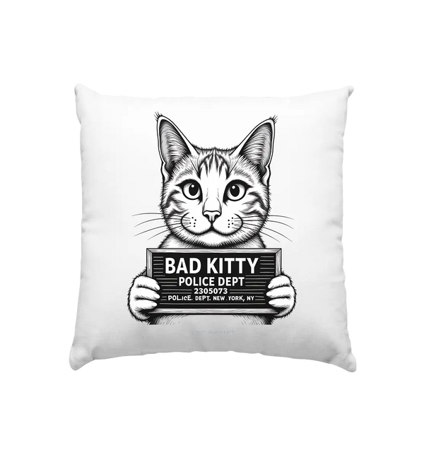 Bad Kitty – Lustiges Katzen Mugshot Shirt im Comic-Stil - Kissen 40x40cm Bright Lights Arts