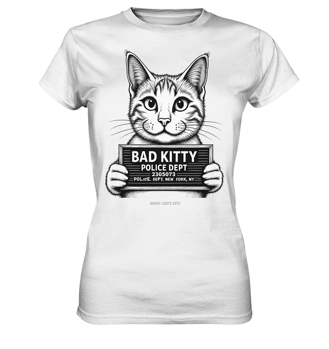 Bad Kitty – Lustiges Katzen Mugshot Shirt im Comic-Stil - Ladies Premium Shirt Bright Lights Arts