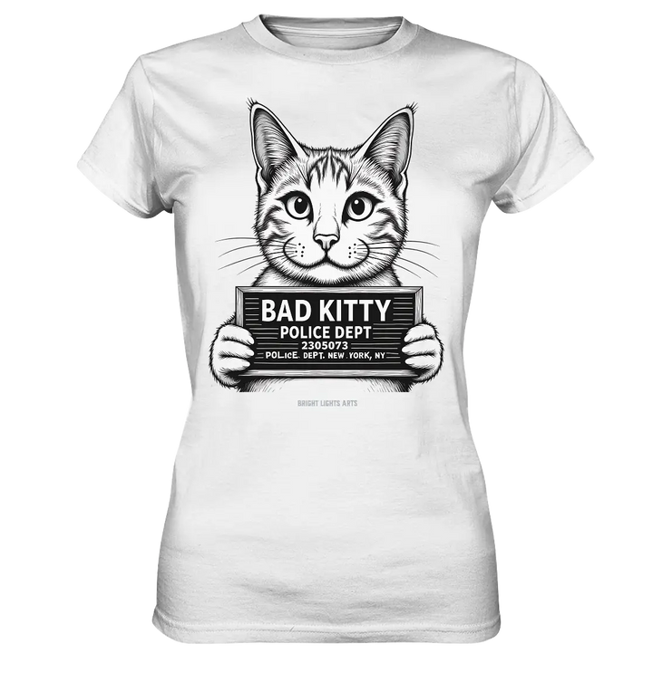 Bad Kitty – Lustiges Katzen Mugshot Shirt im Comic-Stil - Ladies Premium Shirt Bright Lights Arts