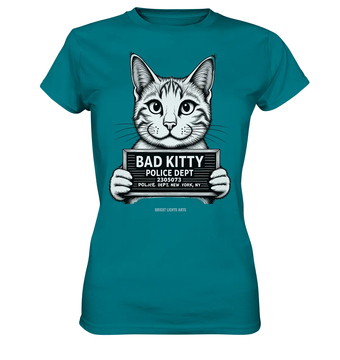 Bad Kitty – Lustiges Katzen Mugshot Shirt im Comic-Stil - Ladies Premium Shirt Bright Lights Arts