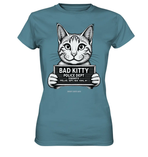 Bad Kitty – Lustiges Katzen Mugshot Shirt im Comic-Stil - Ladies Premium Shirt Bright Lights Arts