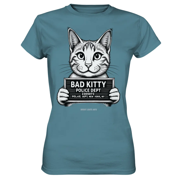 Bad Kitty – Lustiges Katzen Mugshot Shirt im Comic-Stil - Ladies Premium Shirt Bright Lights Arts