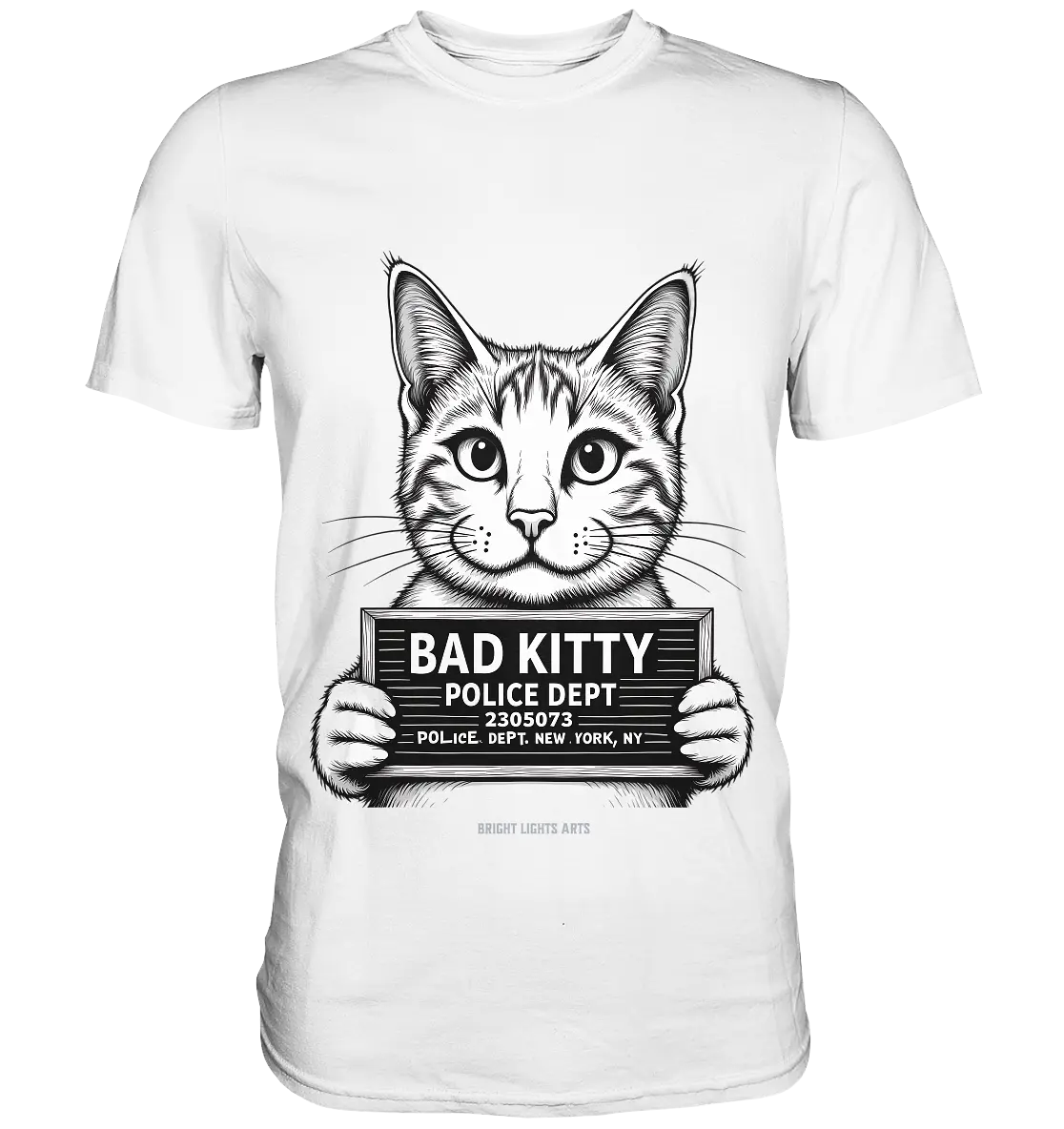 Bad Kitty – Lustiges Katzen Mugshot Shirt im Comic-Stil - Premium Shirt Bright Lights Arts