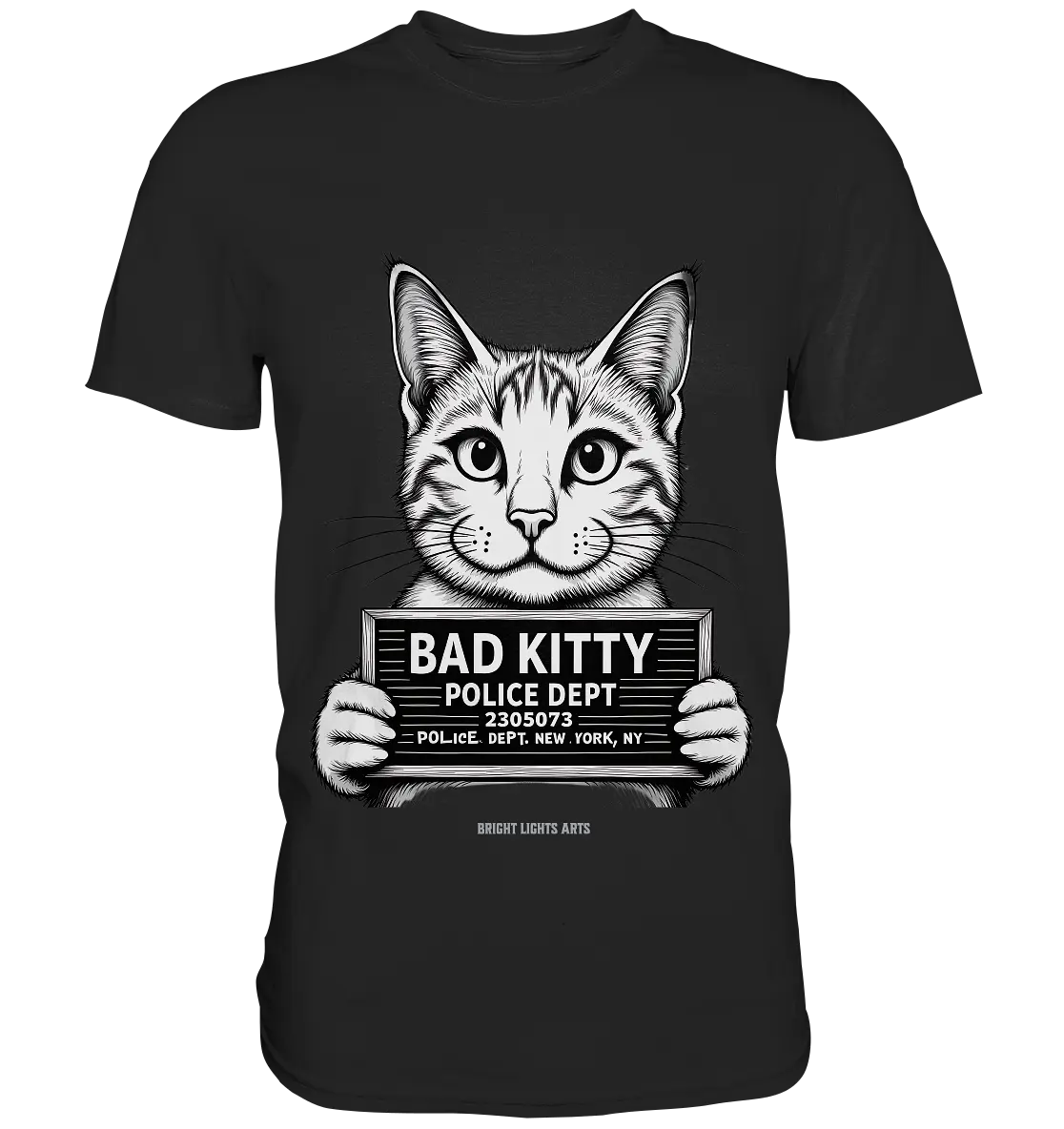 Bad Kitty – Lustiges Katzen Mugshot Shirt im Comic-Stil - Premium Shirt Bright Lights Arts