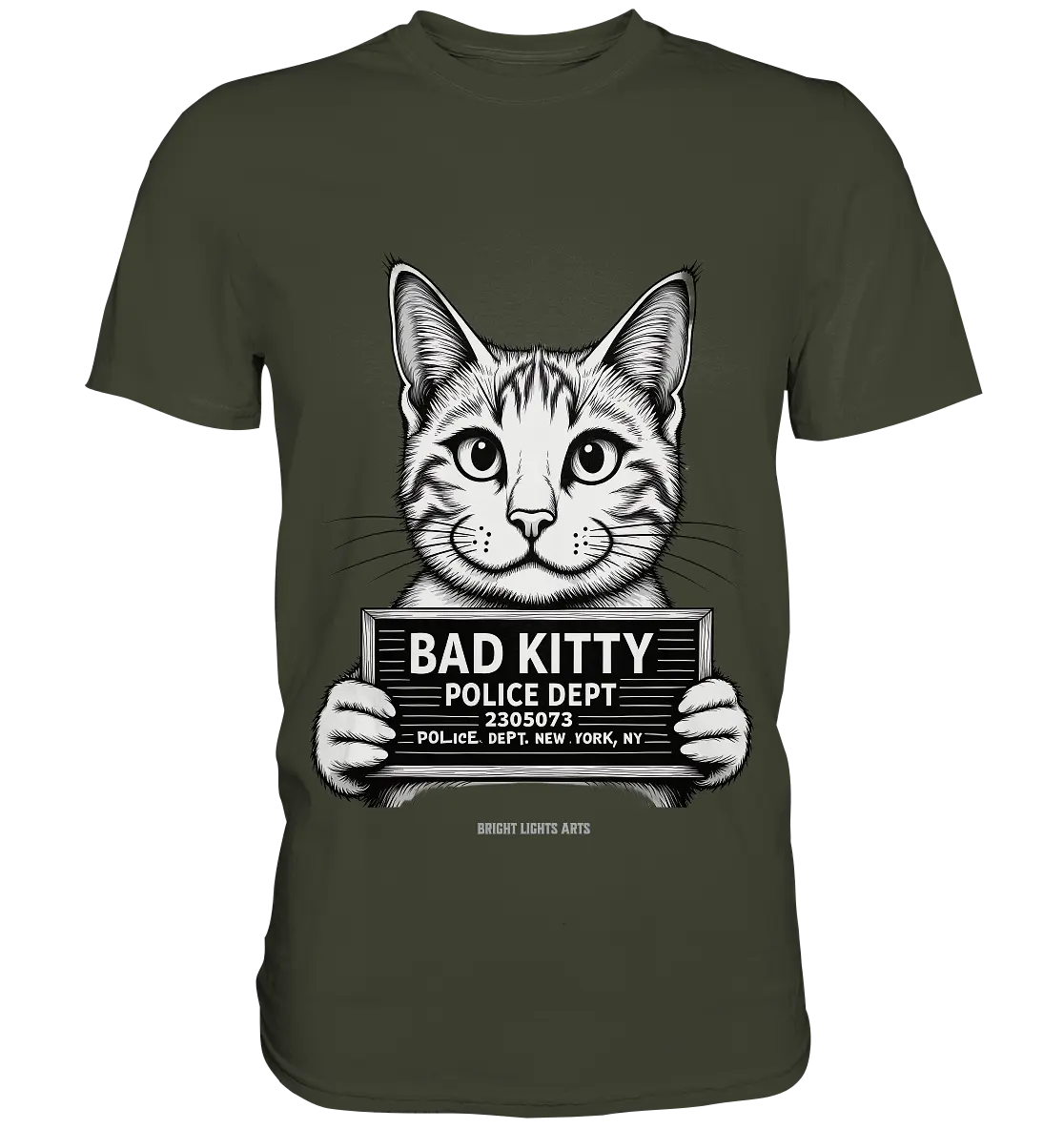 Bad Kitty – Lustiges Katzen Mugshot Shirt im Comic-Stil - Premium Shirt Bright Lights Arts