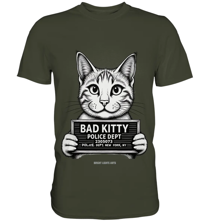 Bad Kitty – Lustiges Katzen Mugshot Shirt im Comic-Stil - Premium Shirt Bright Lights Arts