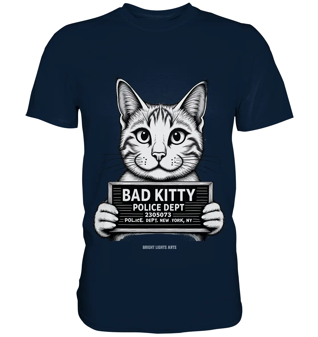 Bad Kitty – Lustiges Katzen Mugshot Shirt im Comic-Stil - Premium Shirt Bright Lights Arts