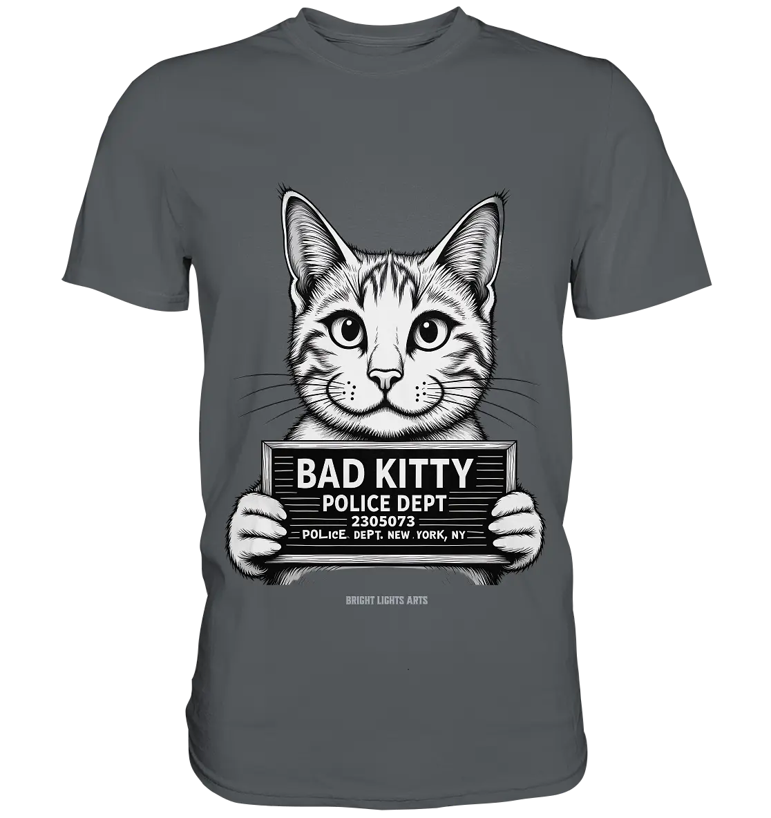 Bad Kitty – Lustiges Katzen Mugshot Shirt im Comic-Stil - Premium Shirt Bright Lights Arts