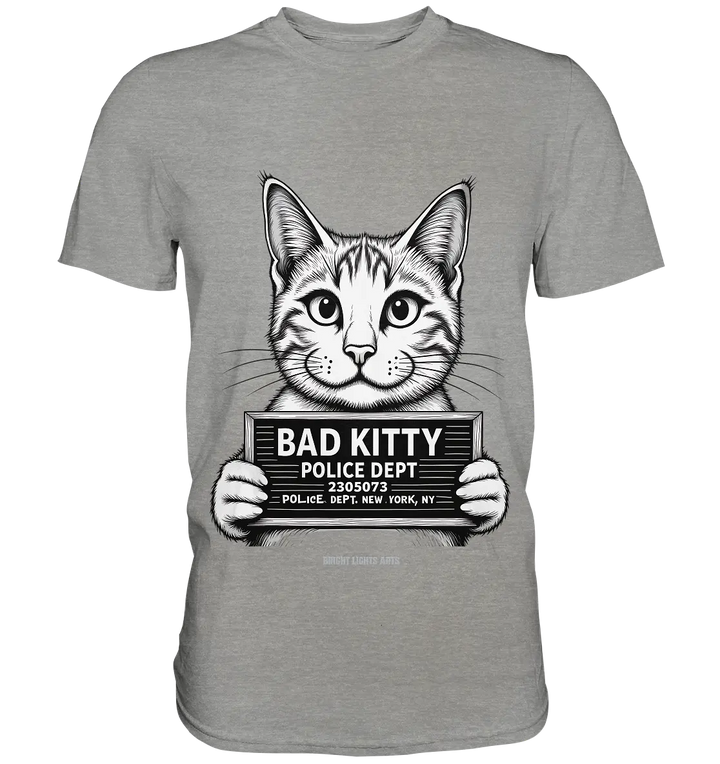 Bad Kitty – Lustiges Katzen Mugshot Shirt im Comic-Stil - Premium Shirt Bright Lights Arts