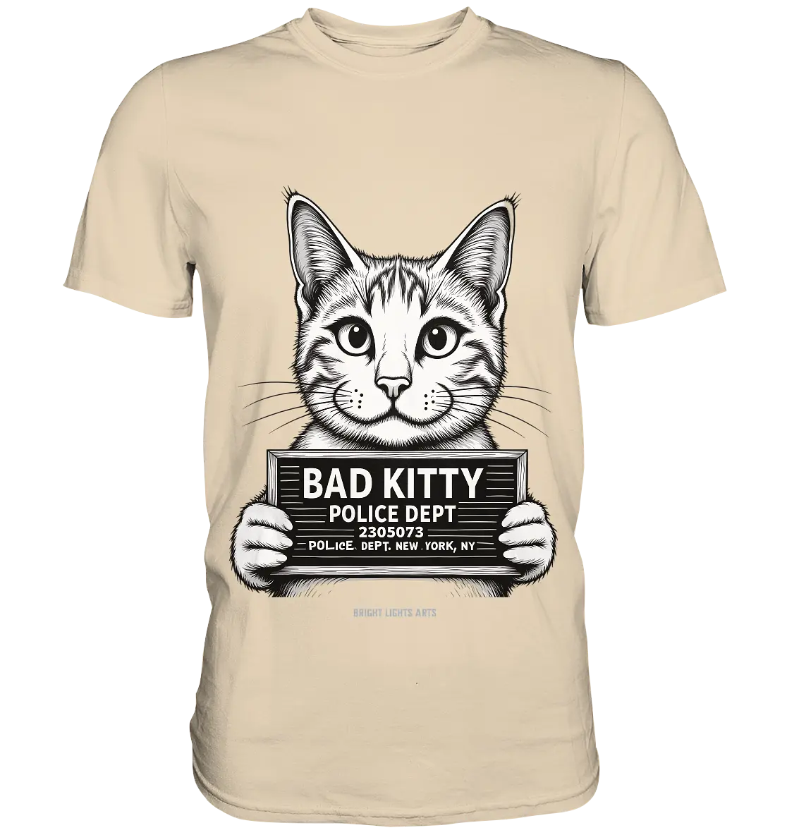 Bad Kitty – Lustiges Katzen Mugshot Shirt im Comic-Stil - Premium Shirt Bright Lights Arts