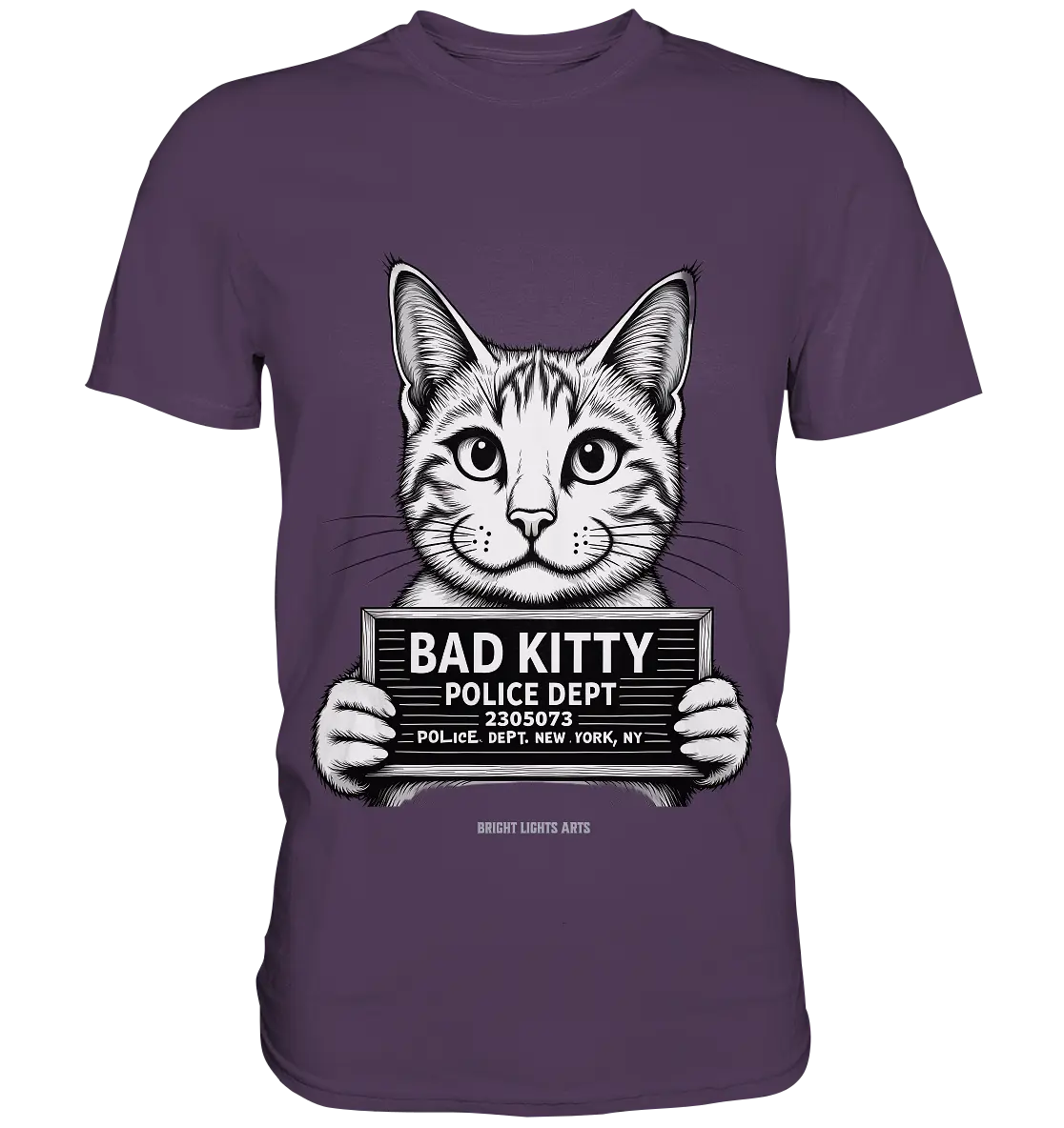 Bad Kitty – Lustiges Katzen Mugshot Shirt im Comic-Stil - Premium Shirt Bright Lights Arts
