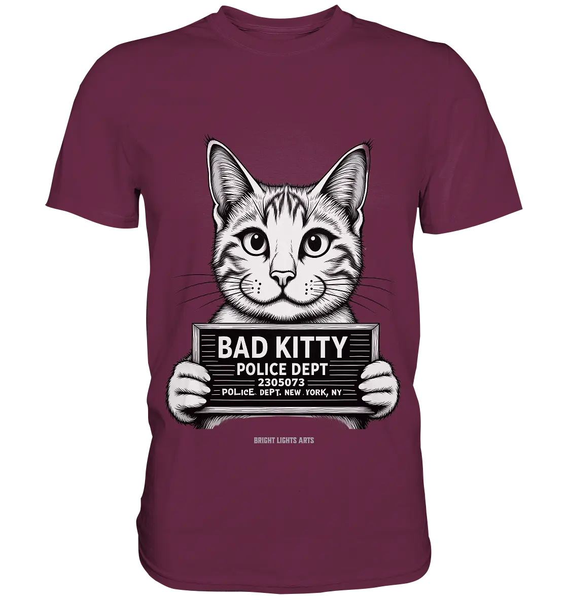 Bad Kitty – Lustiges Katzen Mugshot Shirt im Comic-Stil - Premium Shirt Bright Lights Arts