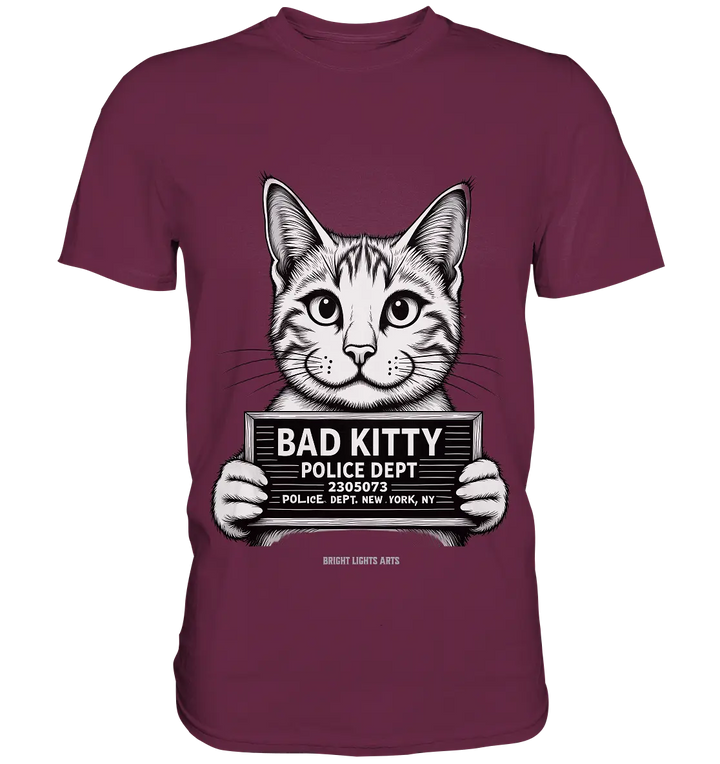 Bad Kitty – Lustiges Katzen Mugshot Shirt im Comic-Stil - Premium Shirt Bright Lights Arts