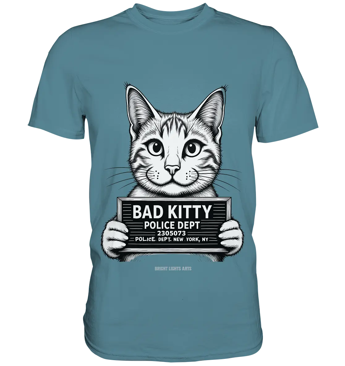 Bad Kitty – Lustiges Katzen Mugshot Shirt im Comic-Stil - Premium Shirt Bright Lights Arts