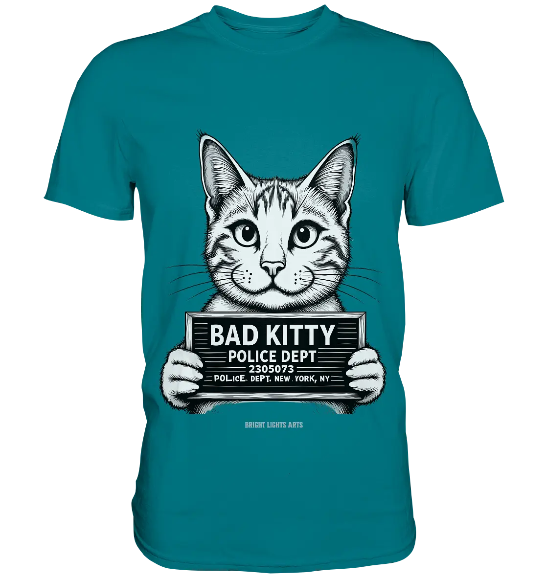 Bad Kitty – Lustiges Katzen Mugshot Shirt im Comic-Stil - Premium Shirt Bright Lights Arts