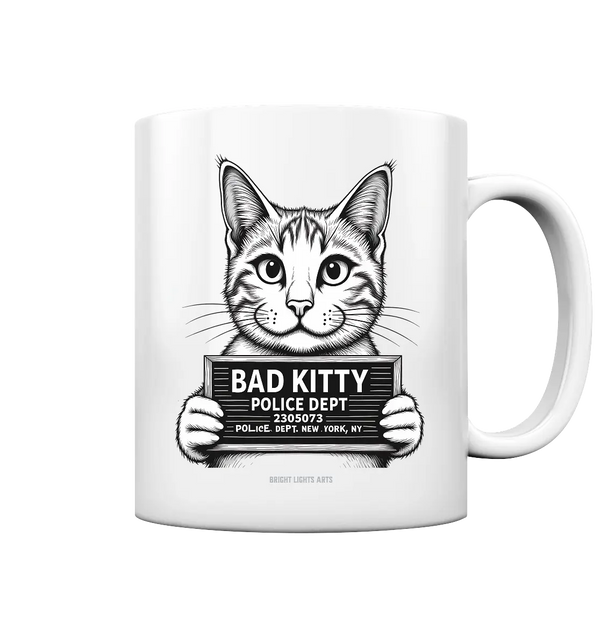 Bad Kitty – Lustiges Katzen Mugshot Shirt im Comic-Stil - Tasse glossy Bright Lights Arts