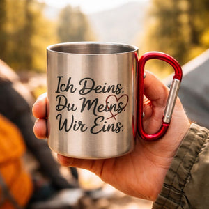 Minimalistische Edelstahl-Tasse mit Liebesbotschaft „Wir Eins“ – perfektes Geschenk für Paare und Outdoor-Momente