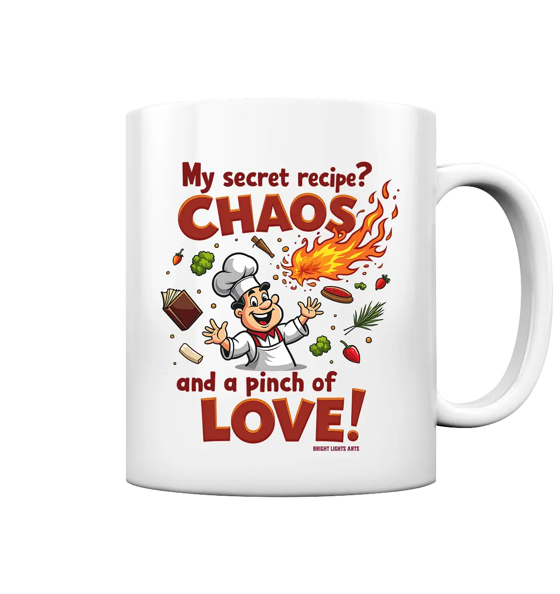 Ein cartoonhafter Koch mit weißem Kochhut und weiß-rotem Kochkittel, der fröhlich und mit ausgestreckten Armen lacht. Er steht inmitten eines Wirbels von Zutaten, darunter Flammen, Gemüse, Tomaten, und ein Kochbuch, die in der Luft herumfliegen. Der Koch Bright Lights Arts