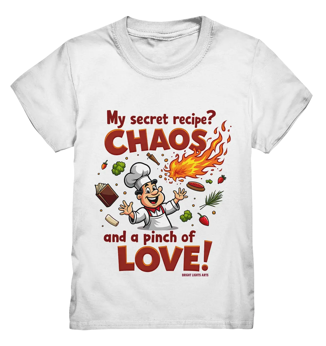 Ein cartoonhafter Koch mit weißem Kochhut und weiß-rotem Kochkittel, der fröhlich und mit ausgestreckten Armen lacht. Er steht inmitten eines Wirbels von Zutaten, darunter Flammen, Gemüse, Tomaten, und ein Kochbuch, die in der Luft herumfliegen. Der Koch Bright Lights Arts