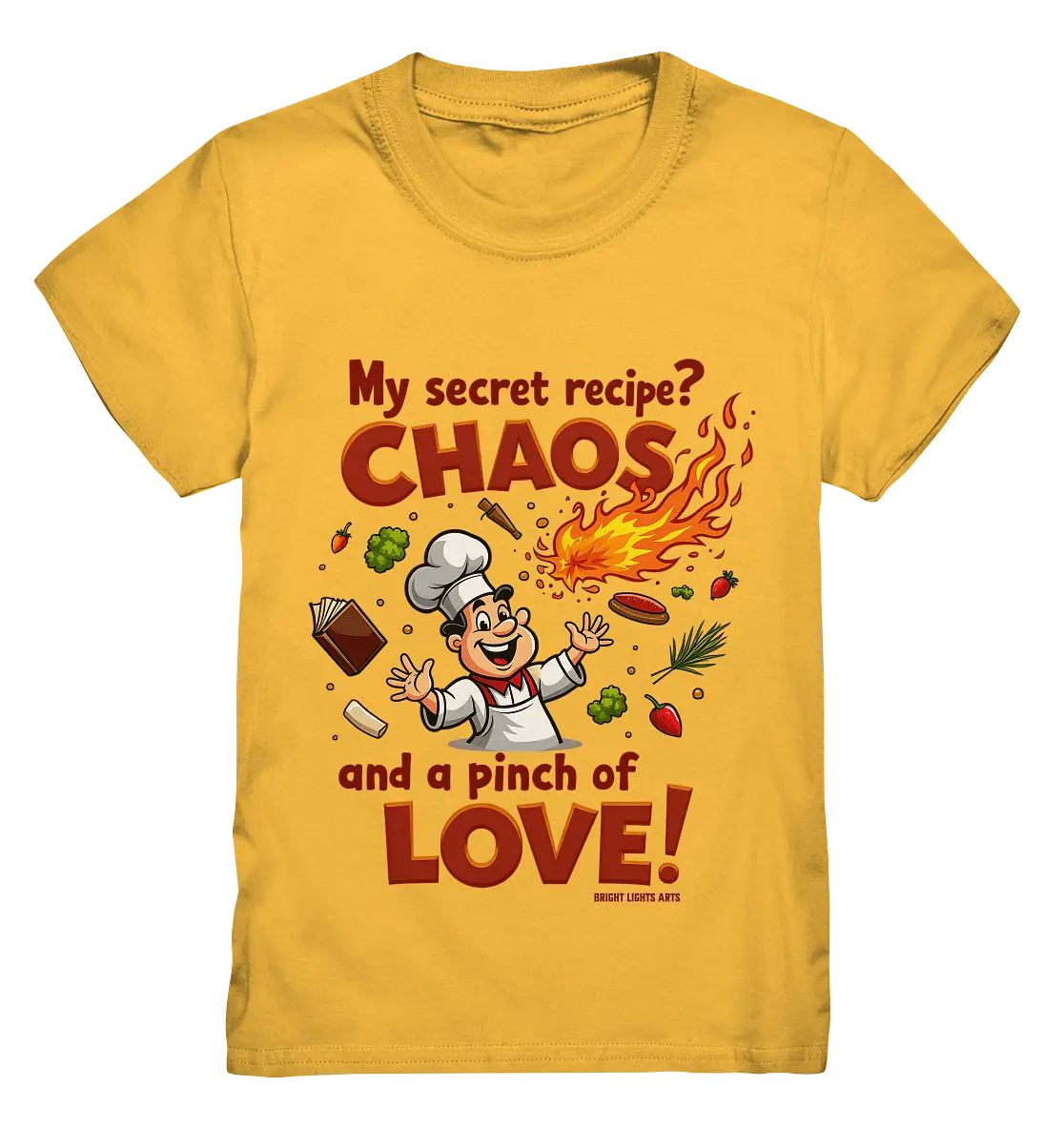 Ein cartoonhafter Koch mit weißem Kochhut und weiß-rotem Kochkittel, der fröhlich und mit ausgestreckten Armen lacht. Er steht inmitten eines Wirbels von Zutaten, darunter Flammen, Gemüse, Tomaten, und ein Kochbuch, die in der Luft herumfliegen. Der Koch Bright Lights Arts