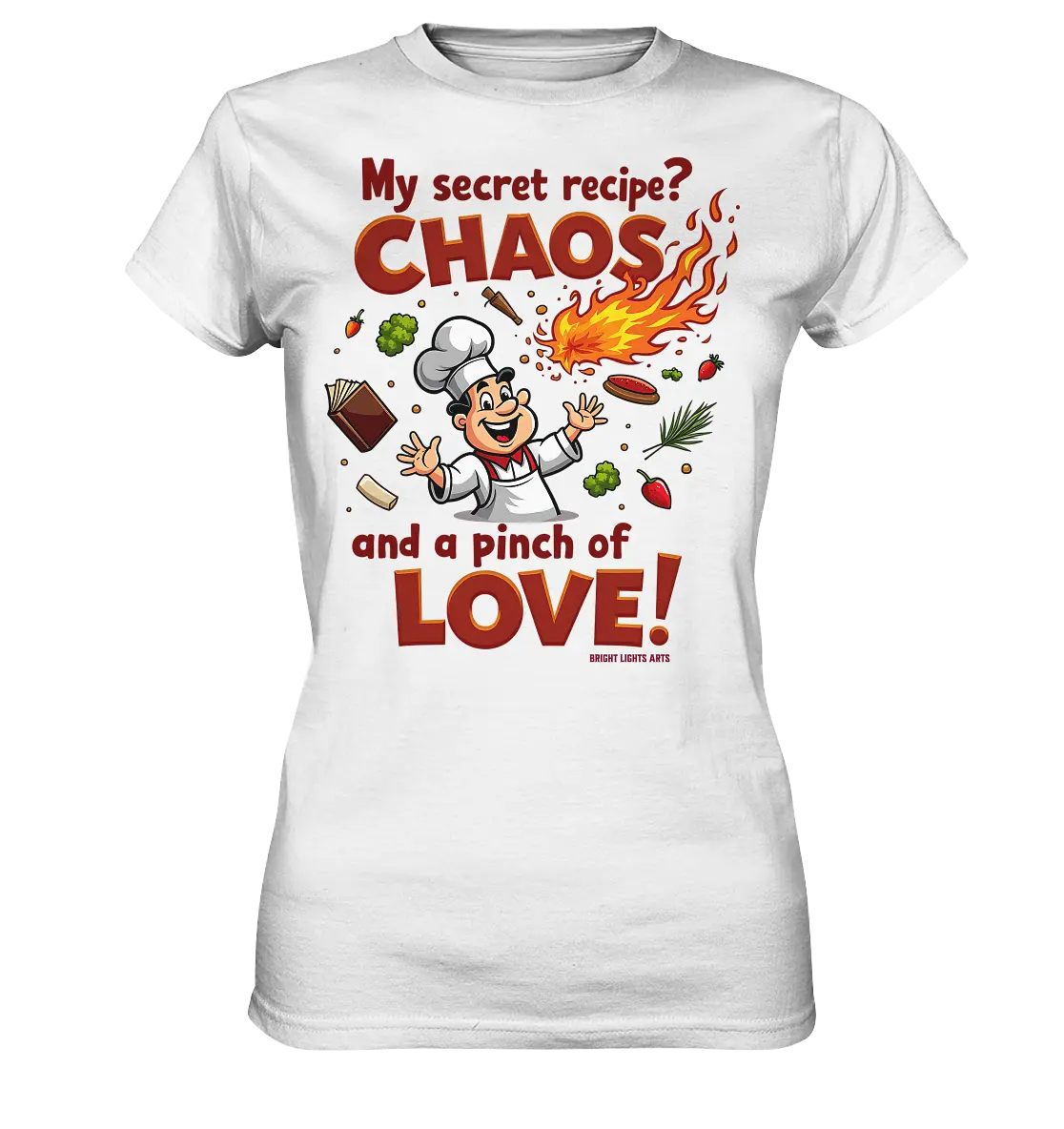 Ein cartoonhafter Koch mit weißem Kochhut und weiß-rotem Kochkittel, der fröhlich und mit ausgestreckten Armen lacht. Er steht inmitten eines Wirbels von Zutaten, darunter Flammen, Gemüse, Tomaten, und ein Kochbuch, die in der Luft herumfliegen. Der Koch Bright Lights Arts