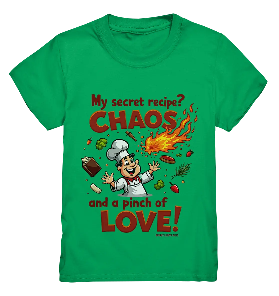 Ein cartoonhafter Koch mit weißem Kochhut und weiß-rotem Kochkittel, der fröhlich und mit ausgestreckten Armen lacht. Er steht inmitten eines Wirbels von Zutaten, darunter Flammen, Gemüse, Tomaten, und ein Kochbuch, die in der Luft herumfliegen. Der Koch Bright Lights Arts