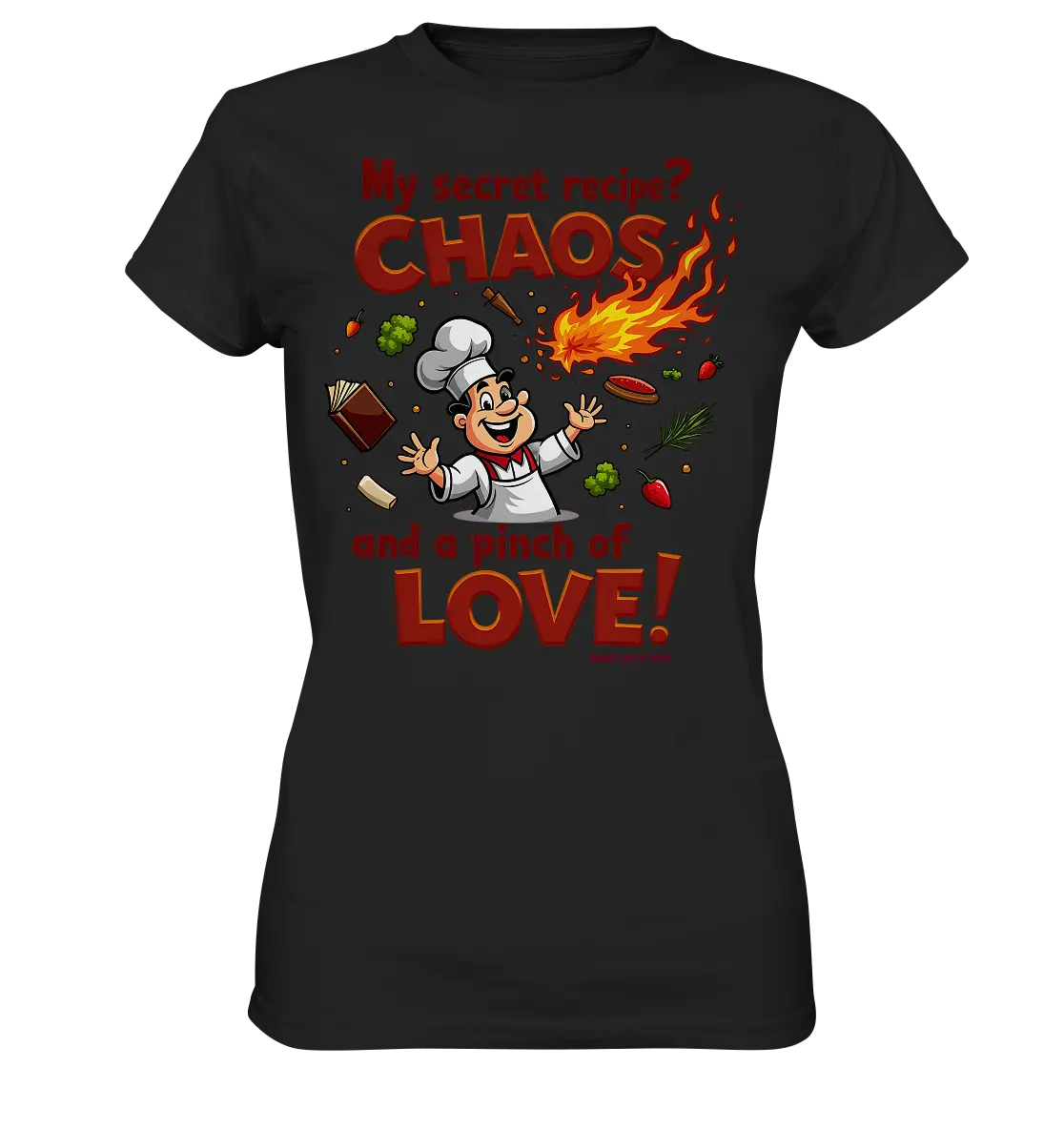 Ein cartoonhafter Koch mit weißem Kochhut und weiß-rotem Kochkittel, der fröhlich und mit ausgestreckten Armen lacht. Er steht inmitten eines Wirbels von Zutaten, darunter Flammen, Gemüse, Tomaten, und ein Kochbuch, die in der Luft herumfliegen. Der Koch Bright Lights Arts