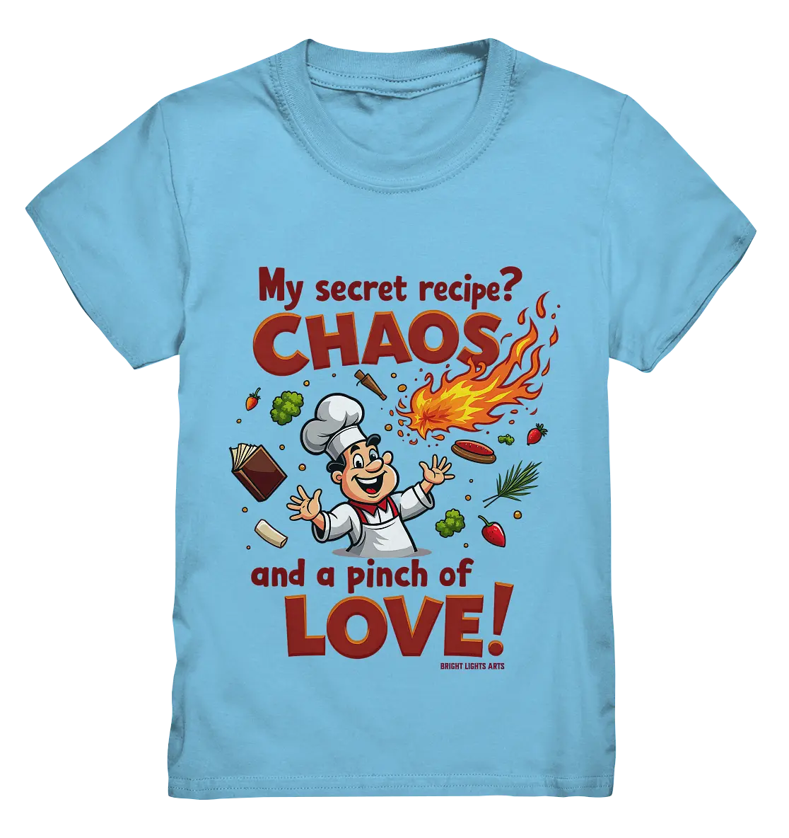 Ein cartoonhafter Koch mit weißem Kochhut und weiß-rotem Kochkittel, der fröhlich und mit ausgestreckten Armen lacht. Er steht inmitten eines Wirbels von Zutaten, darunter Flammen, Gemüse, Tomaten, und ein Kochbuch, die in der Luft herumfliegen. Der Koch Bright Lights Arts