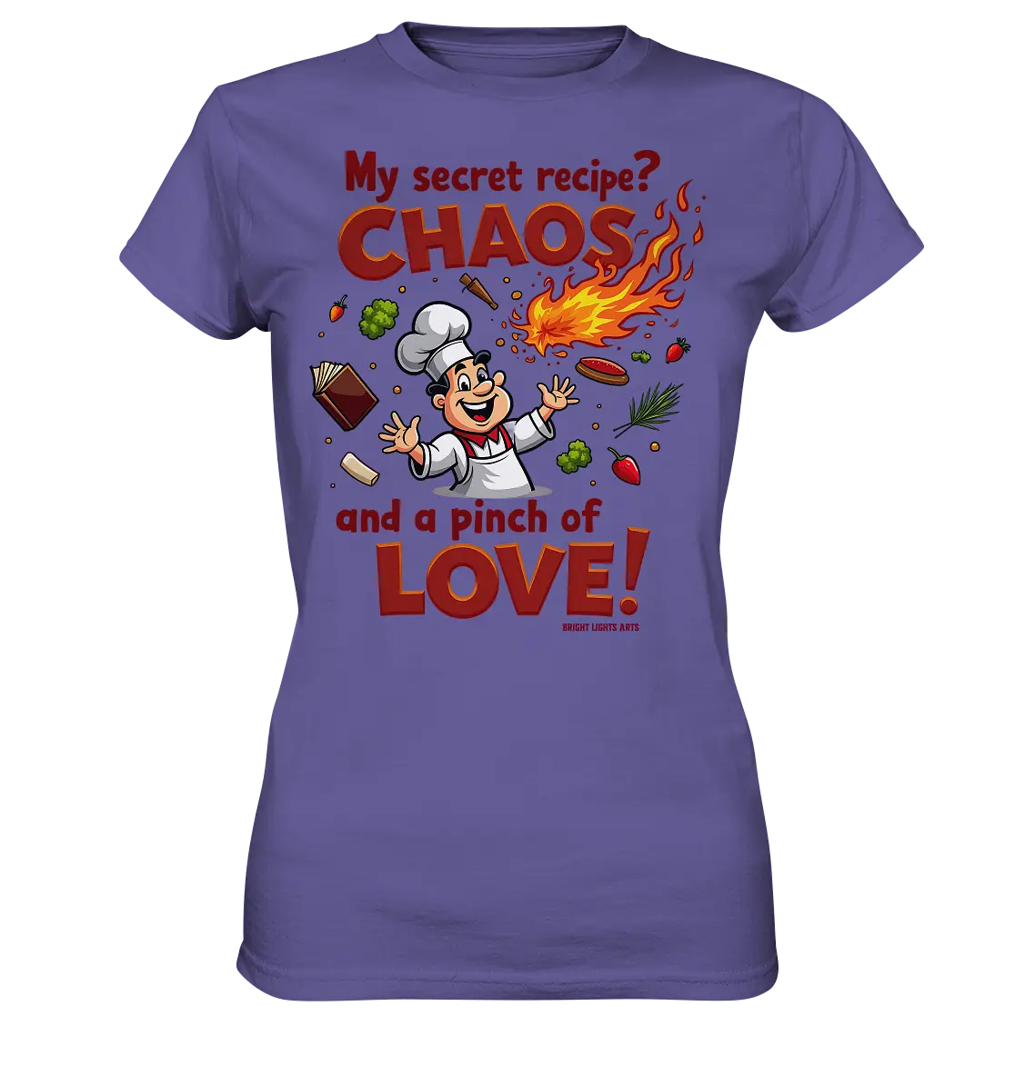 Ein cartoonhafter Koch mit weißem Kochhut und weiß-rotem Kochkittel, der fröhlich und mit ausgestreckten Armen lacht. Er steht inmitten eines Wirbels von Zutaten, darunter Flammen, Gemüse, Tomaten, und ein Kochbuch, die in der Luft herumfliegen. Der Koch Bright Lights Arts