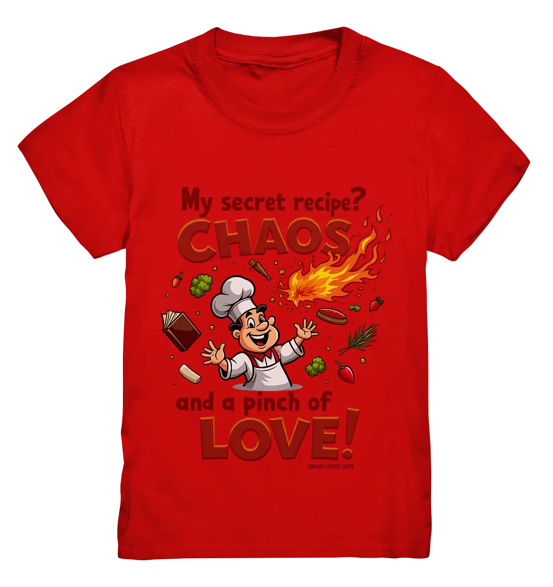 Ein cartoonhafter Koch mit weißem Kochhut und weiß-rotem Kochkittel, der fröhlich und mit ausgestreckten Armen lacht. Er steht inmitten eines Wirbels von Zutaten, darunter Flammen, Gemüse, Tomaten, und ein Kochbuch, die in der Luft herumfliegen. Der Koch Bright Lights Arts