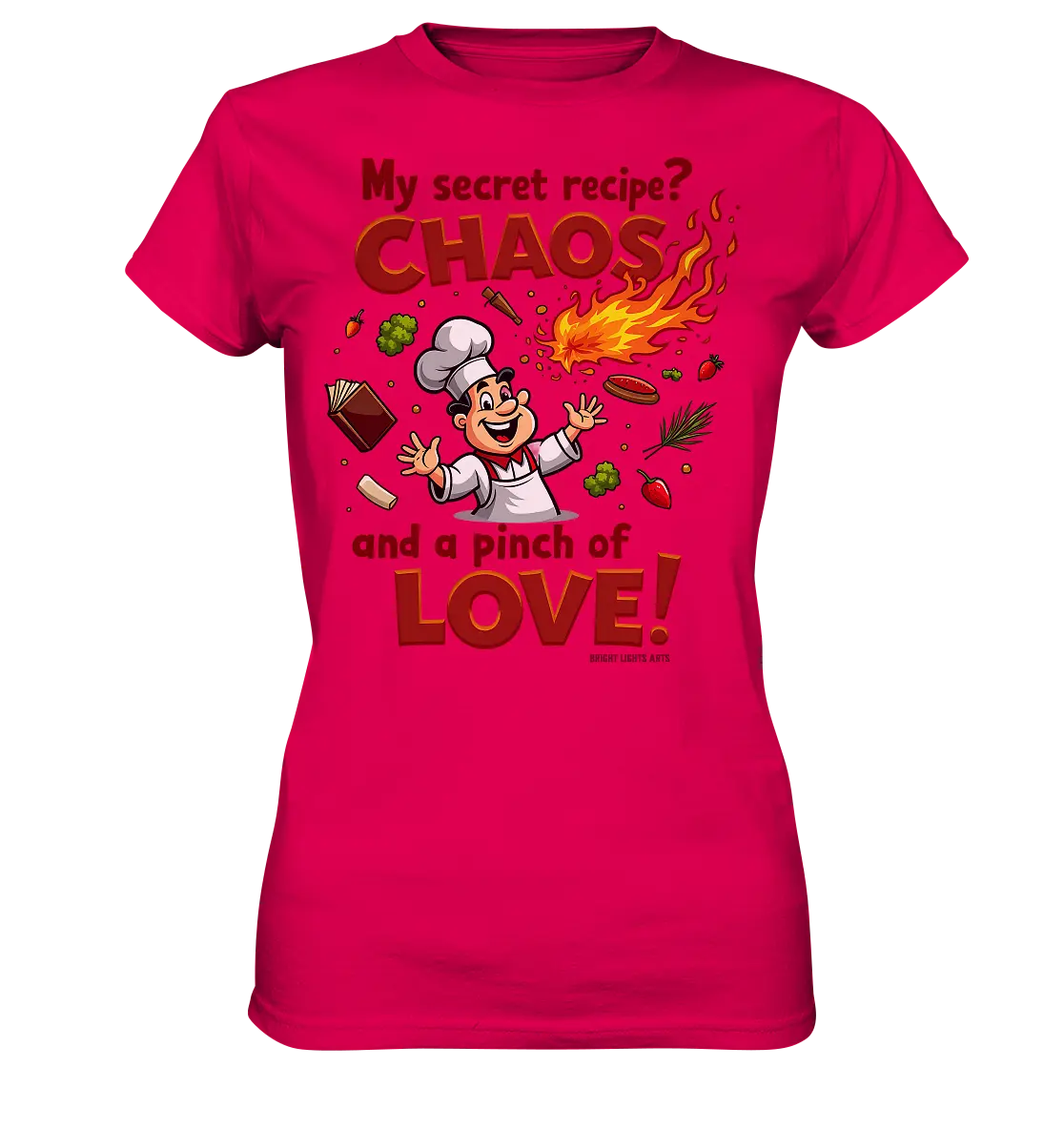 Ein cartoonhafter Koch mit weißem Kochhut und weiß-rotem Kochkittel, der fröhlich und mit ausgestreckten Armen lacht. Er steht inmitten eines Wirbels von Zutaten, darunter Flammen, Gemüse, Tomaten, und ein Kochbuch, die in der Luft herumfliegen. Der Koch Bright Lights Arts