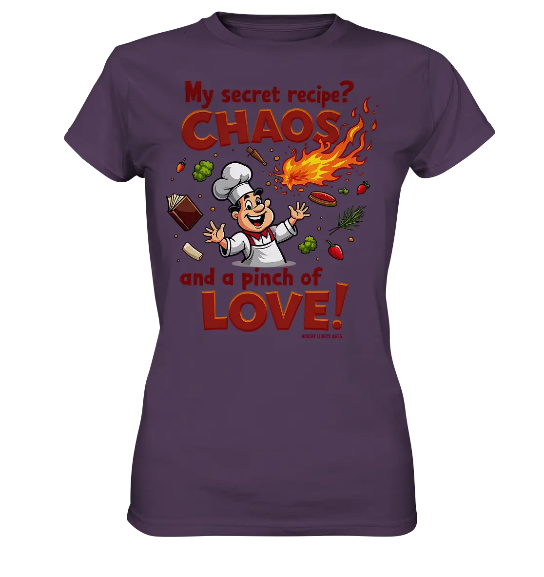 Ein cartoonhafter Koch mit weißem Kochhut und weiß-rotem Kochkittel, der fröhlich und mit ausgestreckten Armen lacht. Er steht inmitten eines Wirbels von Zutaten, darunter Flammen, Gemüse, Tomaten, und ein Kochbuch, die in der Luft herumfliegen. Der Koch Bright Lights Arts