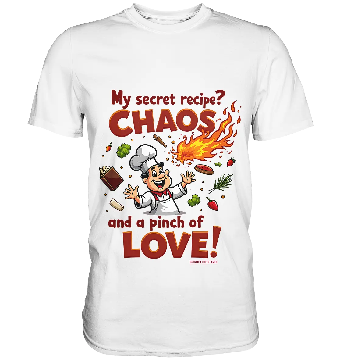 Ein cartoonhafter Koch mit weißem Kochhut und weiß-rotem Kochkittel, der fröhlich und mit ausgestreckten Armen lacht. Er steht inmitten eines Wirbels von Zutaten, darunter Flammen, Gemüse, Tomaten, und ein Kochbuch, die in der Luft herumfliegen. Der Koch Bright Lights Arts