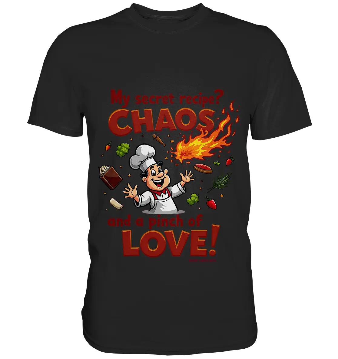 Ein cartoonhafter Koch mit weißem Kochhut und weiß-rotem Kochkittel, der fröhlich und mit ausgestreckten Armen lacht. Er steht inmitten eines Wirbels von Zutaten, darunter Flammen, Gemüse, Tomaten, und ein Kochbuch, die in der Luft herumfliegen. Der Koch Bright Lights Arts