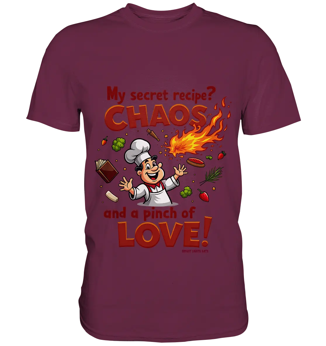 Ein cartoonhafter Koch mit weißem Kochhut und weiß-rotem Kochkittel, der fröhlich und mit ausgestreckten Armen lacht. Er steht inmitten eines Wirbels von Zutaten, darunter Flammen, Gemüse, Tomaten, und ein Kochbuch, die in der Luft herumfliegen. Der Koch Bright Lights Arts