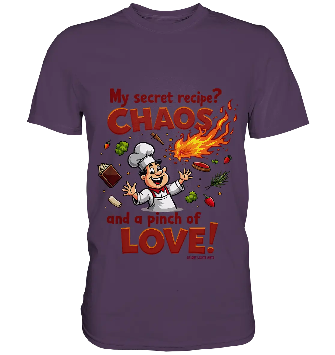 Ein cartoonhafter Koch mit weißem Kochhut und weiß-rotem Kochkittel, der fröhlich und mit ausgestreckten Armen lacht. Er steht inmitten eines Wirbels von Zutaten, darunter Flammen, Gemüse, Tomaten, und ein Kochbuch, die in der Luft herumfliegen. Der Koch Bright Lights Arts