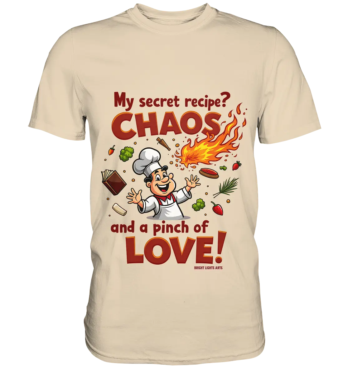 Ein cartoonhafter Koch mit weißem Kochhut und weiß-rotem Kochkittel, der fröhlich und mit ausgestreckten Armen lacht. Er steht inmitten eines Wirbels von Zutaten, darunter Flammen, Gemüse, Tomaten, und ein Kochbuch, die in der Luft herumfliegen. Der Koch Bright Lights Arts