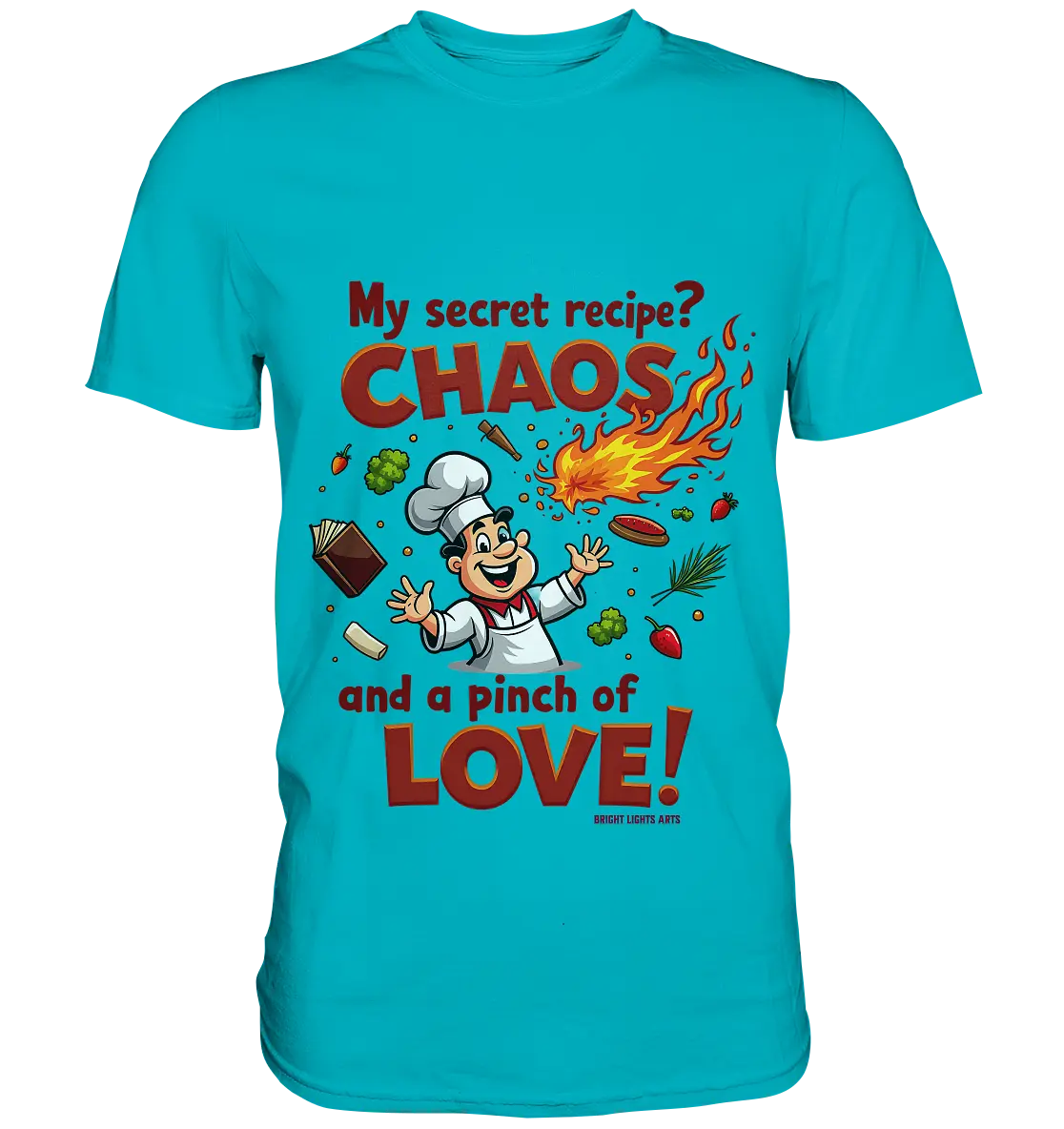 Ein cartoonhafter Koch mit weißem Kochhut und weiß-rotem Kochkittel, der fröhlich und mit ausgestreckten Armen lacht. Er steht inmitten eines Wirbels von Zutaten, darunter Flammen, Gemüse, Tomaten, und ein Kochbuch, die in der Luft herumfliegen. Der Koch Bright Lights Arts