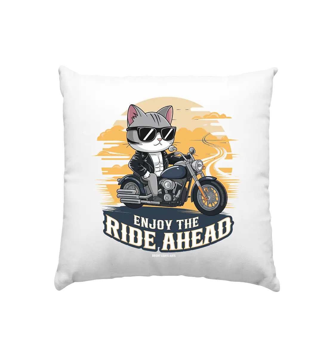 Enjoy the Ride Ahead - Katze auf Motorrad ins Abenteuer - Kissen 40x40cm Bright Lights Arts