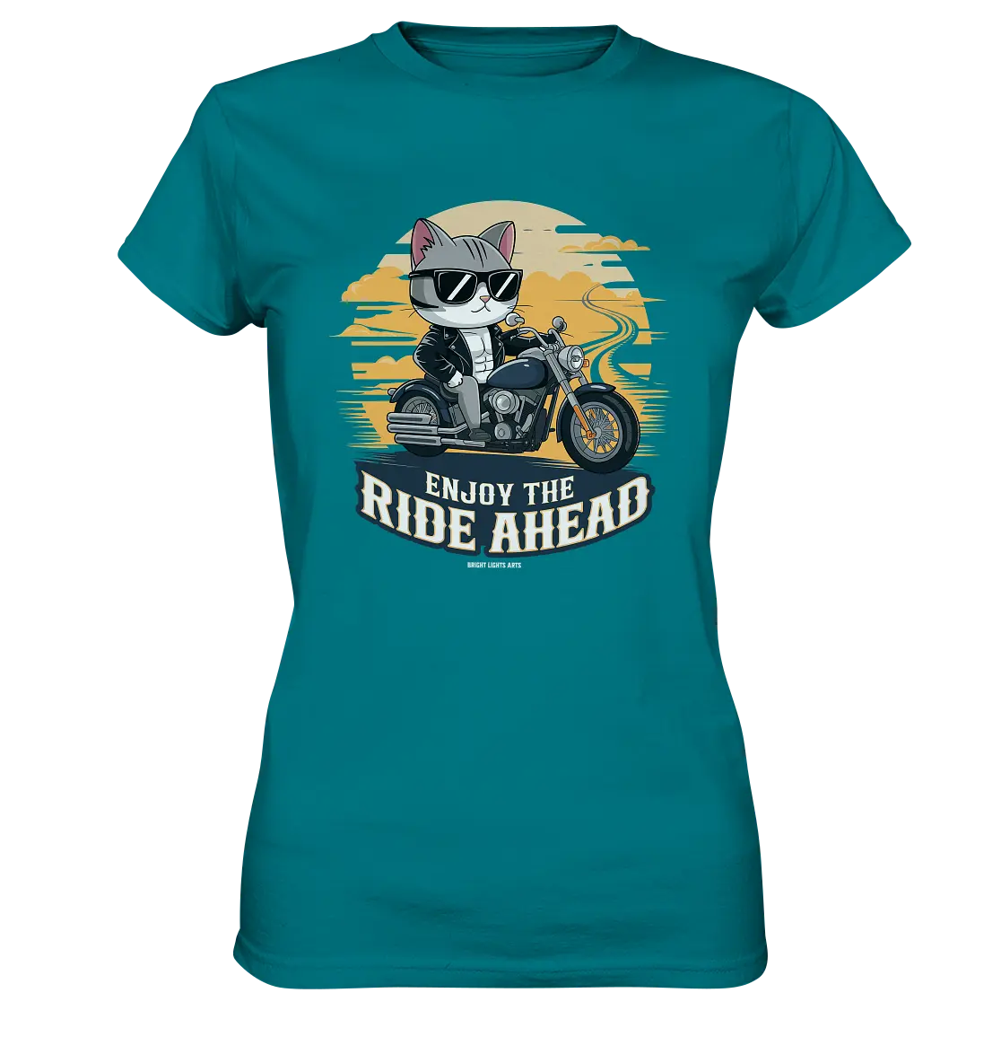 Enjoy the Ride Ahead - Katze auf Motorrad ins Abenteuer - Ladies Premium Shirt Bright Lights Arts