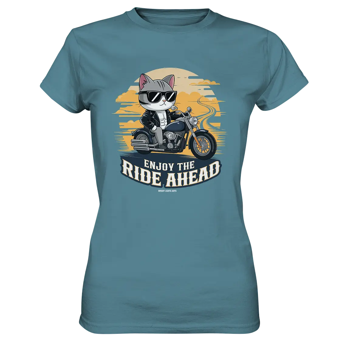 Enjoy the Ride Ahead - Katze auf Motorrad ins Abenteuer - Ladies Premium Shirt Bright Lights Arts