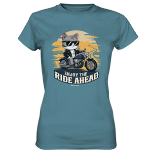 Enjoy the Ride Ahead - Katze auf Motorrad ins Abenteuer - Ladies Premium Shirt Bright Lights Arts