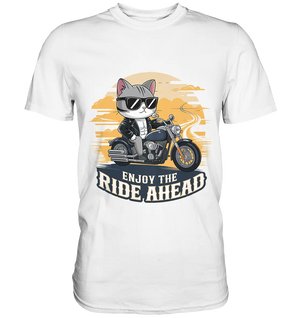 Enjoy the Ride Ahead - Katze auf Motorrad ins Abenteuer - Premium Shirt Bright Lights Arts