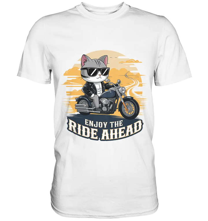 Enjoy the Ride Ahead - Katze auf Motorrad ins Abenteuer - Premium Shirt Bright Lights Arts