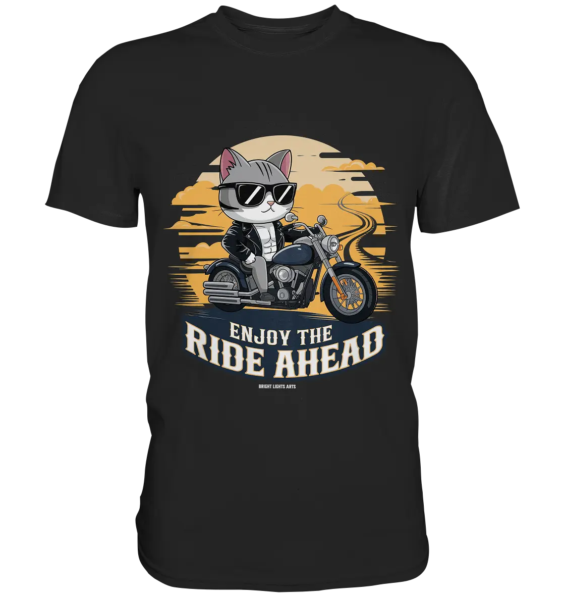 Enjoy the Ride Ahead - Katze auf Motorrad ins Abenteuer - Premium Shirt Bright Lights Arts