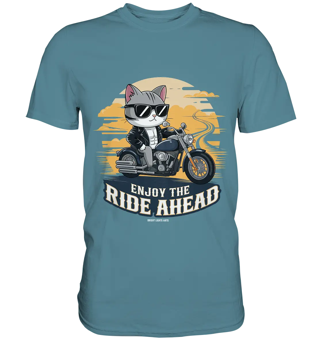 Enjoy the Ride Ahead - Katze auf Motorrad ins Abenteuer - Premium Shirt Bright Lights Arts