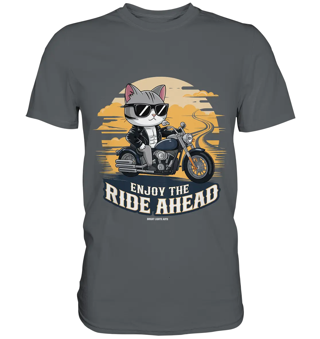 Enjoy the Ride Ahead - Katze auf Motorrad ins Abenteuer - Premium Shirt Bright Lights Arts