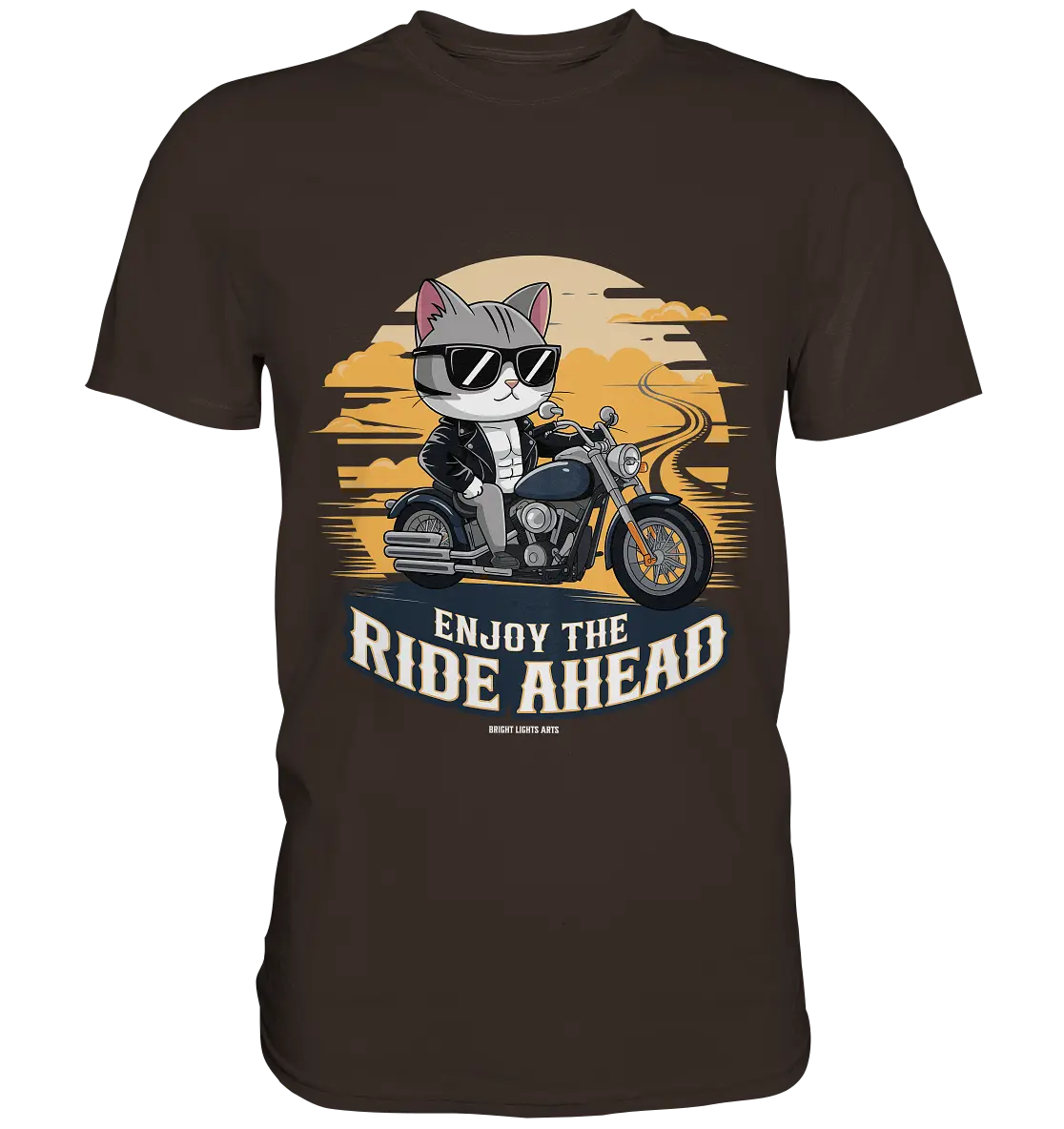 Enjoy the Ride Ahead - Katze auf Motorrad ins Abenteuer - Premium Shirt Bright Lights Arts