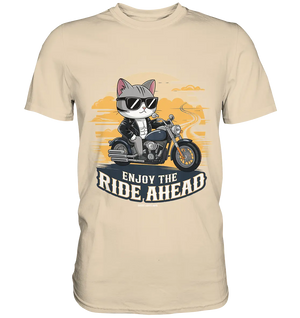 Enjoy the Ride Ahead - Katze auf Motorrad ins Abenteuer - Premium Shirt Bright Lights Arts